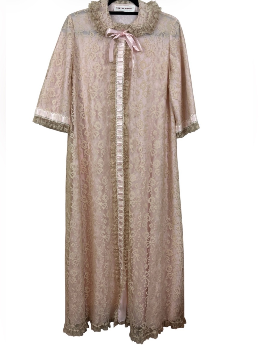vintage Odette Barsa blush pink lace dressing gown